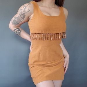 Mustard Yellow Beaded Canvas Feel Bodycon Dress